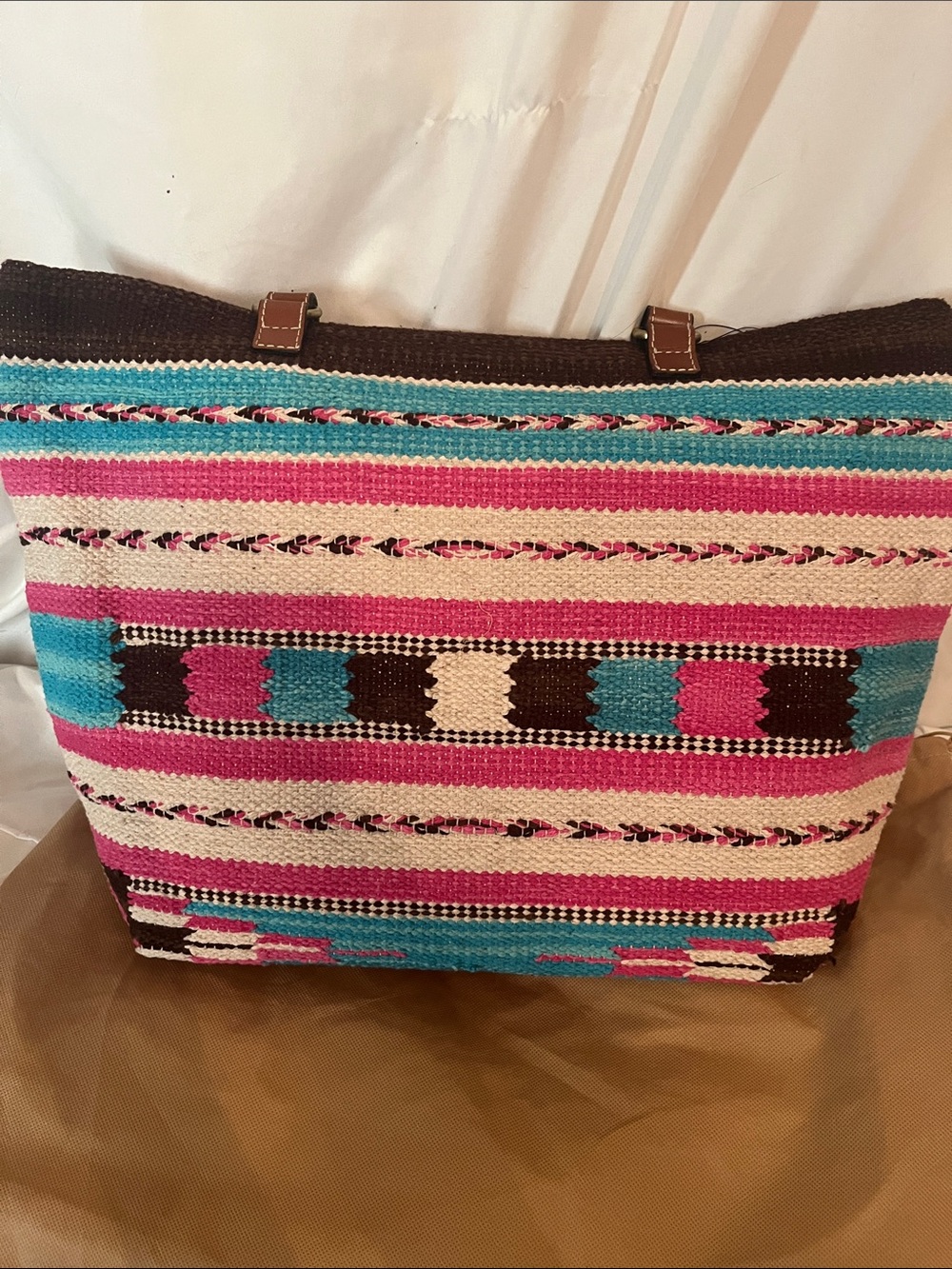 Patricia Nash Pink Turquoise Woven Stripe Tote with Brown Leather Handles - Picture 8 of 15